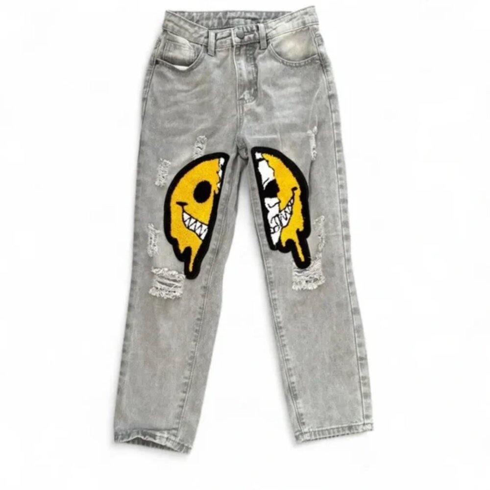 2/$10 Gray Distressed Jeans with Happy Face Patch - Size 10